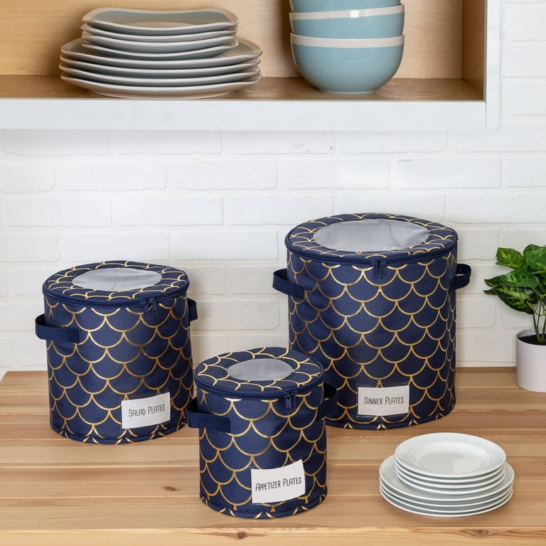 Honey-Can-Do Polyester Set of 3 Round Dinnerware Storage Boxes, Navy/Gold