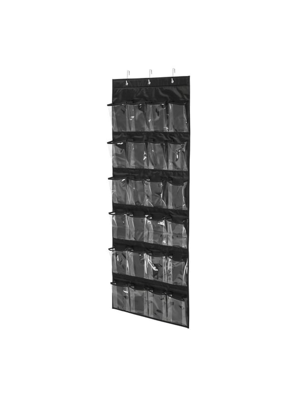 Honey-Can-Do Polyester and PVC 24-Pocket Over-the-Door 12-Pair Hanging Shoe Organizer, Black/Clear