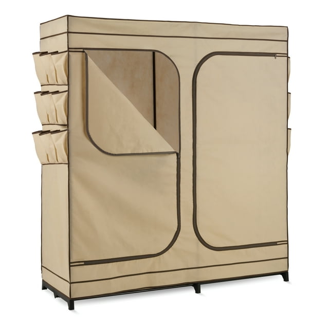 Honey Can Do Portable Closet And Clothes Rack With Cover And Double Doors, Khaki, Beige