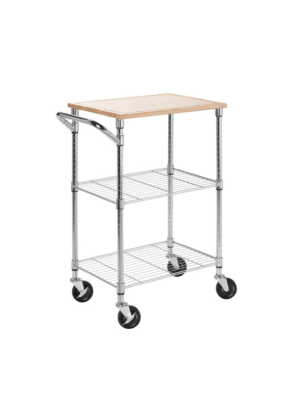 Honey Can Do Rolling Kitchen Cart With Cutting Board, Chrome/Wood, Chrome