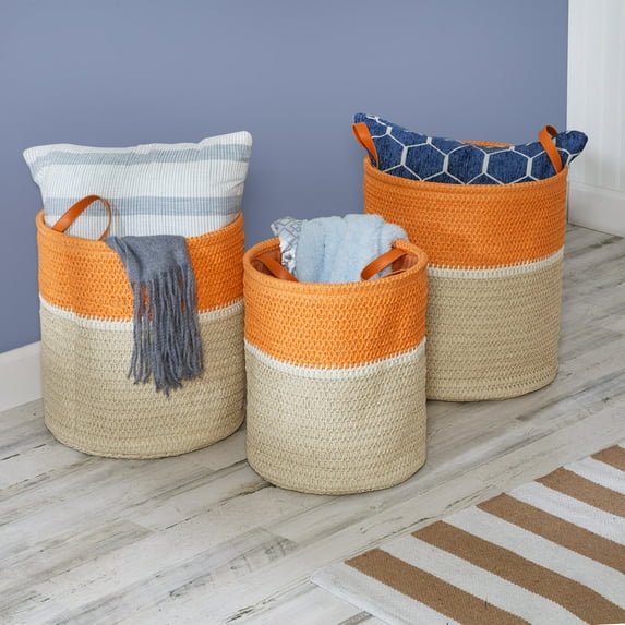 Honey-Can-Do Set of 3 Paper Straw Nesting Baskets with Handles, Orange/Natural