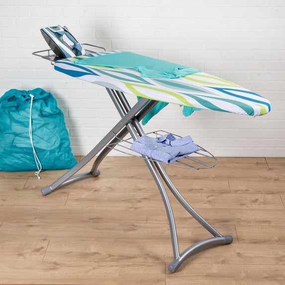 Honey-Can-Do Silver and Multi Oval Print Collapsible Ironing Board with Iron Rest and Shelf