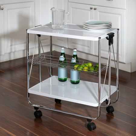 Honey-Can-Do - Modern Foldable Kitchen Cart with Wheels and Metal Basket - White/Chrome