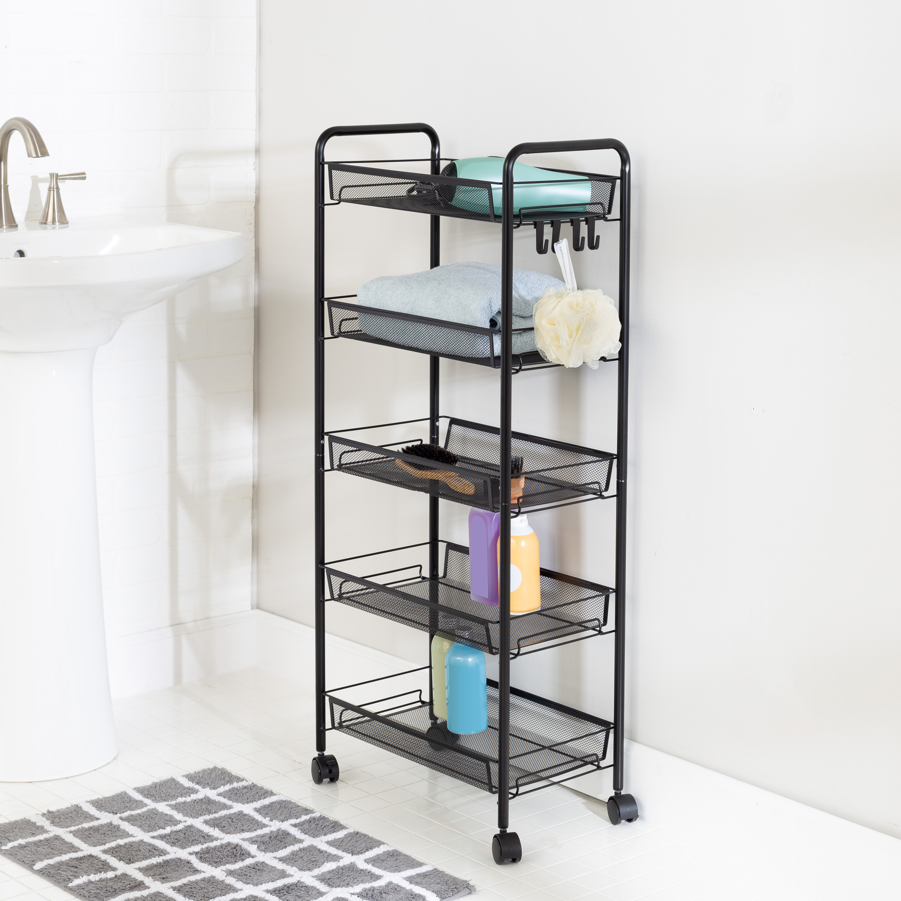 Honey-Can-Do Steel 5-Tier Rolling Storage Cart with 4 Hooks, Black - image 1 of 10