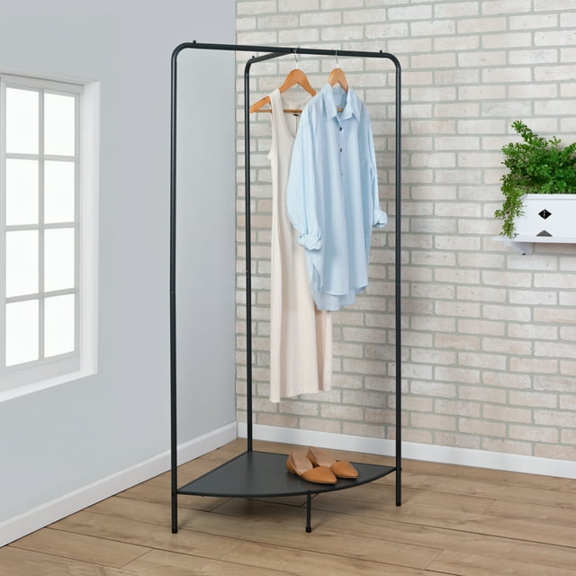 HoneyCanDo Steel Corner Clothing Rack with Shoe Shelf, Black/Dark