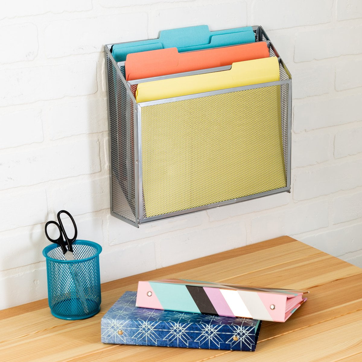 Gray Steel Mesh 3-Compartment Wall-Mounted File Sorter