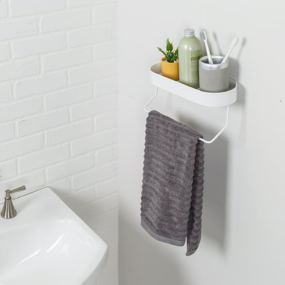 Honey-Can-Do Steel Oval Top Tray Wall Mount Bath Storage Shelf with Towel Bar, White