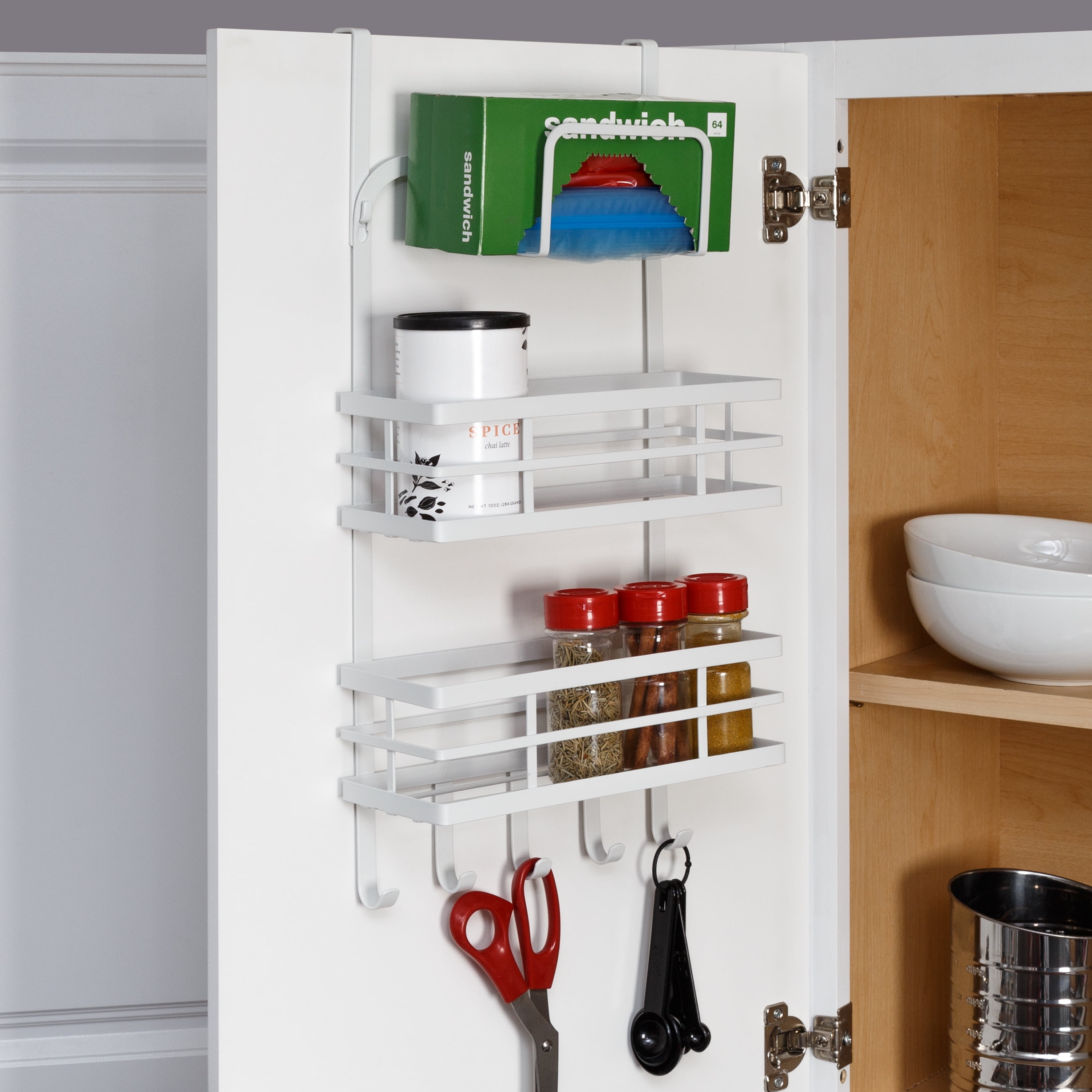 White Powder-Coated Metal Over-Cabinet Door Organizer with Hooks