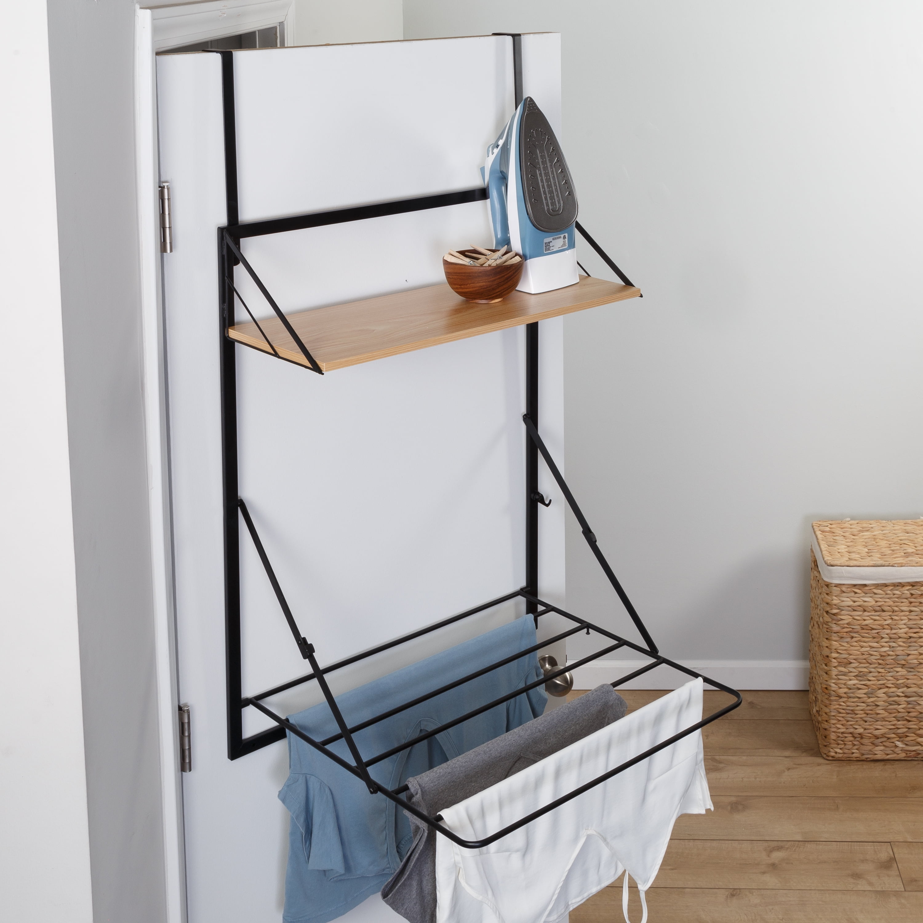 Honey-Can-Do - Black & Maple-Finish Wall-Mounted Drying Rack with Shelf