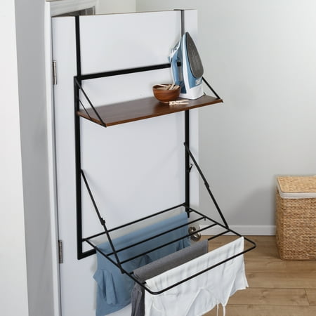 Honey-Can-Do Steel Over-the-Door or Wall Mount Folding Clothes Drying Rack with Shelf, Black/Walnut