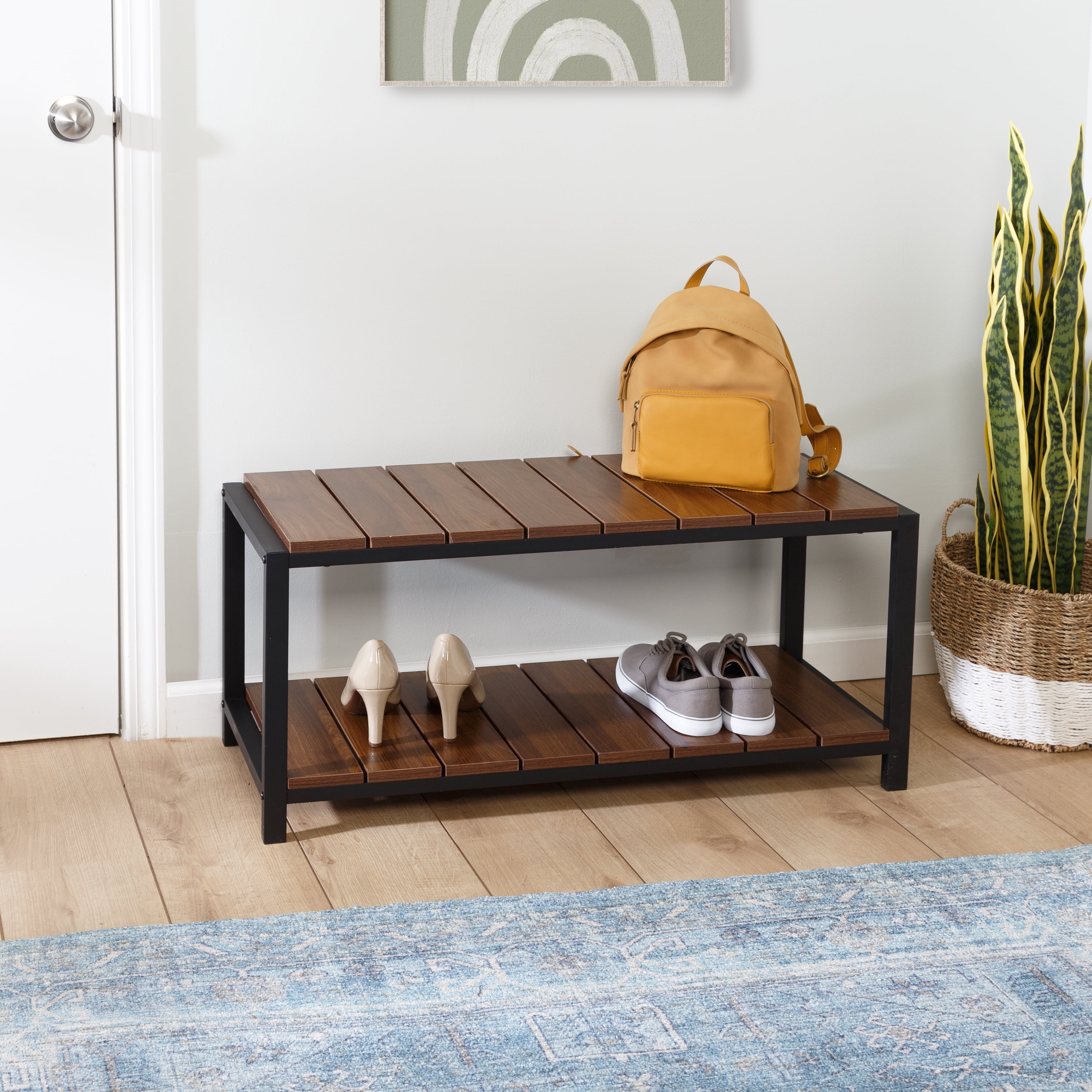Honey Can Do 2 Tier Entryway Shoe Bench Walnut