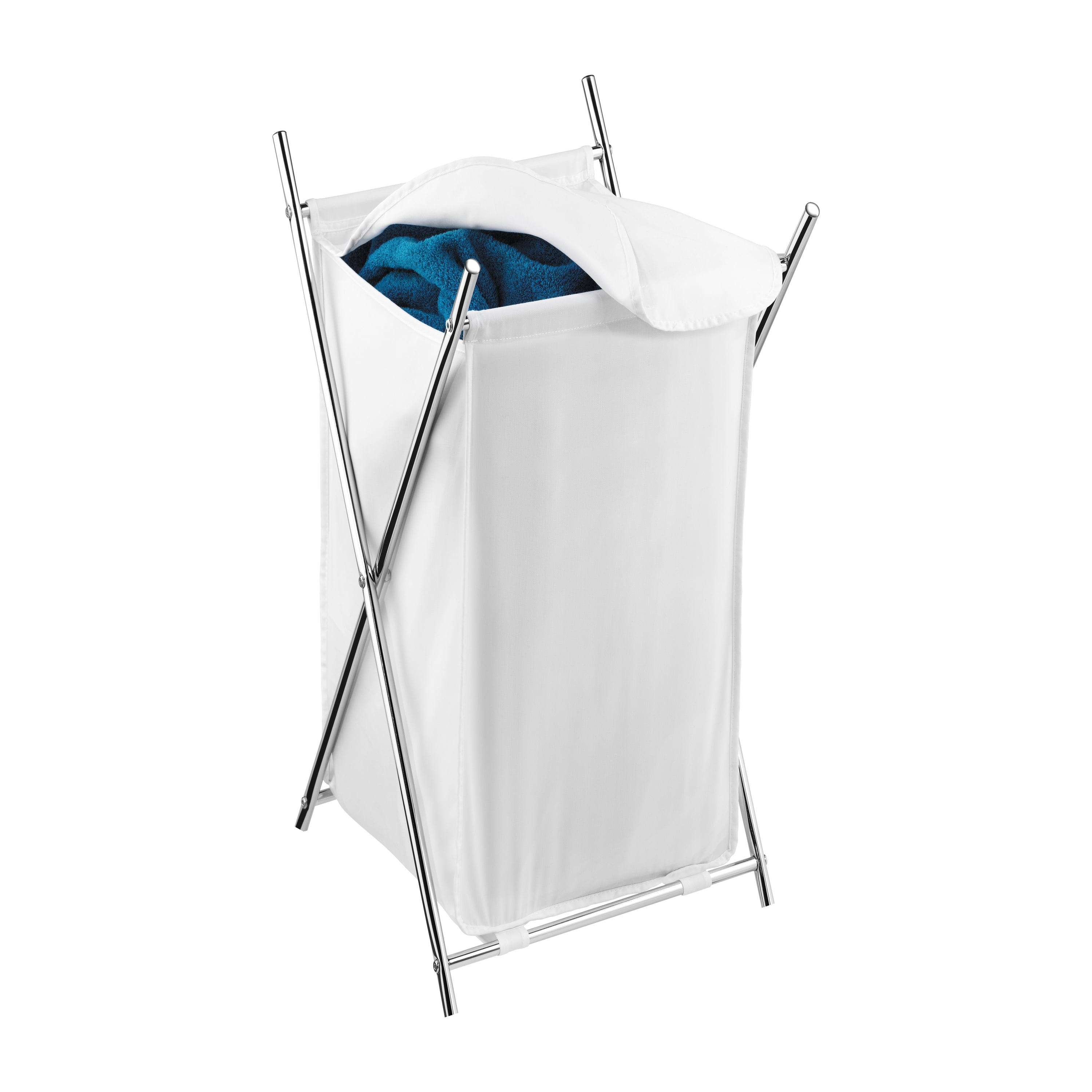 Chrome Folding Laundry Hamper with White Fabric Cover