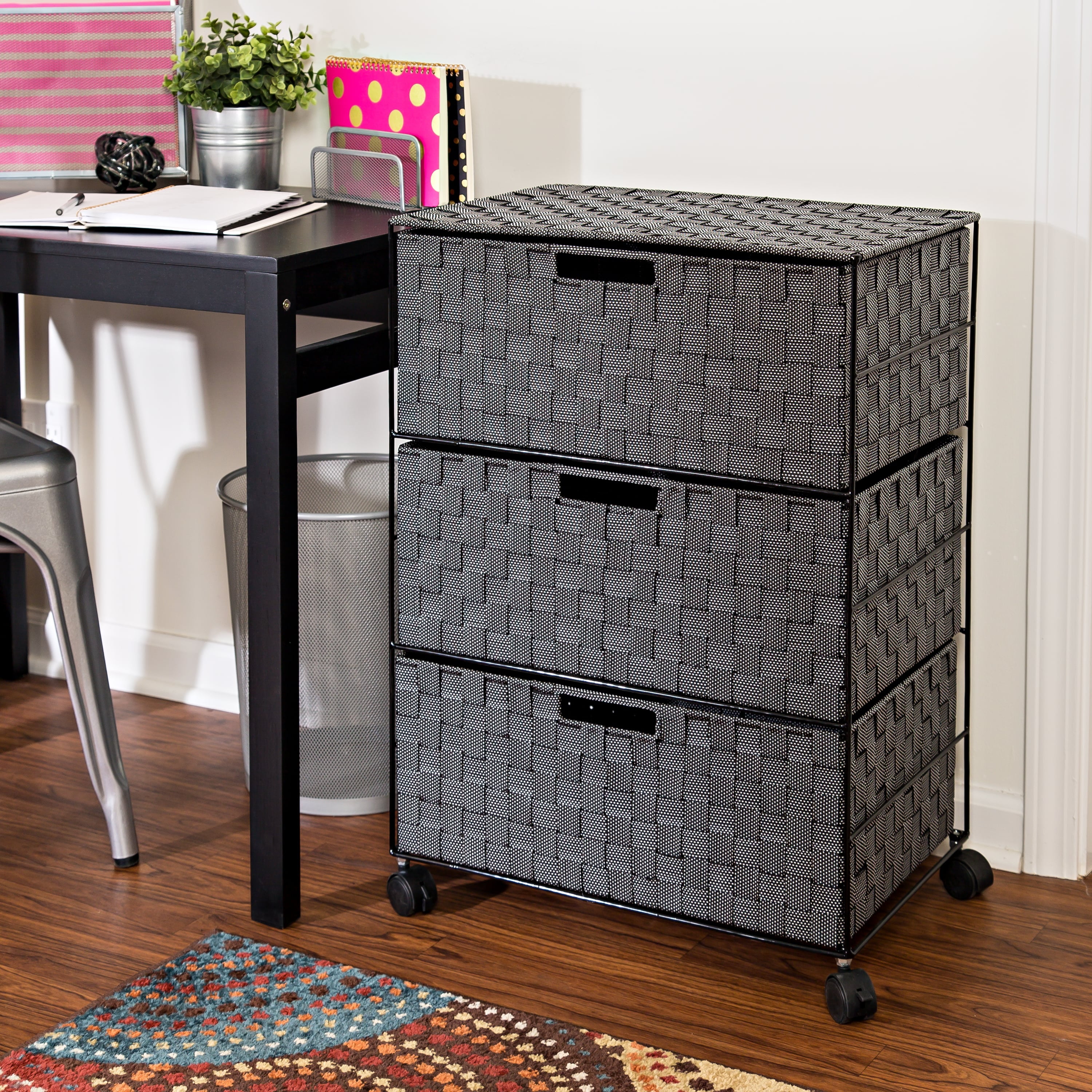 Black and White Woven 3-Drawer Rolling Storage Chest