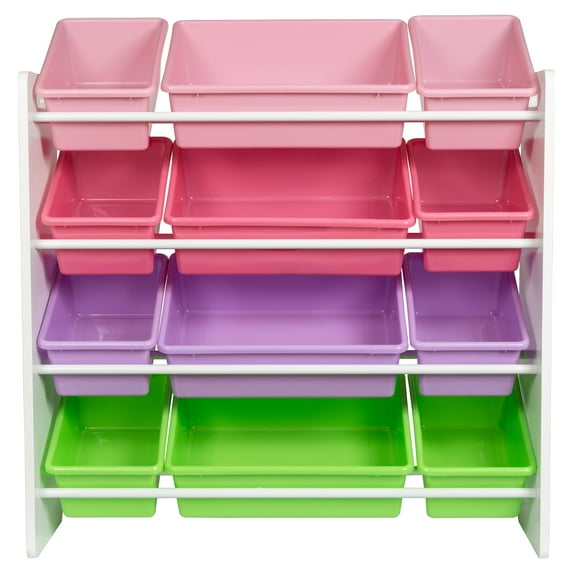 Honey-Can-Do Toy Organizer with 12 Plastic Storage Bins, White/Multicolor