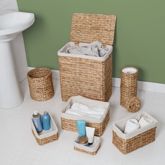 Honey-Can-Do Water Hyacinth Wicker Laundry Hamper and Bath Storage Basket Set of 7, Natural/White