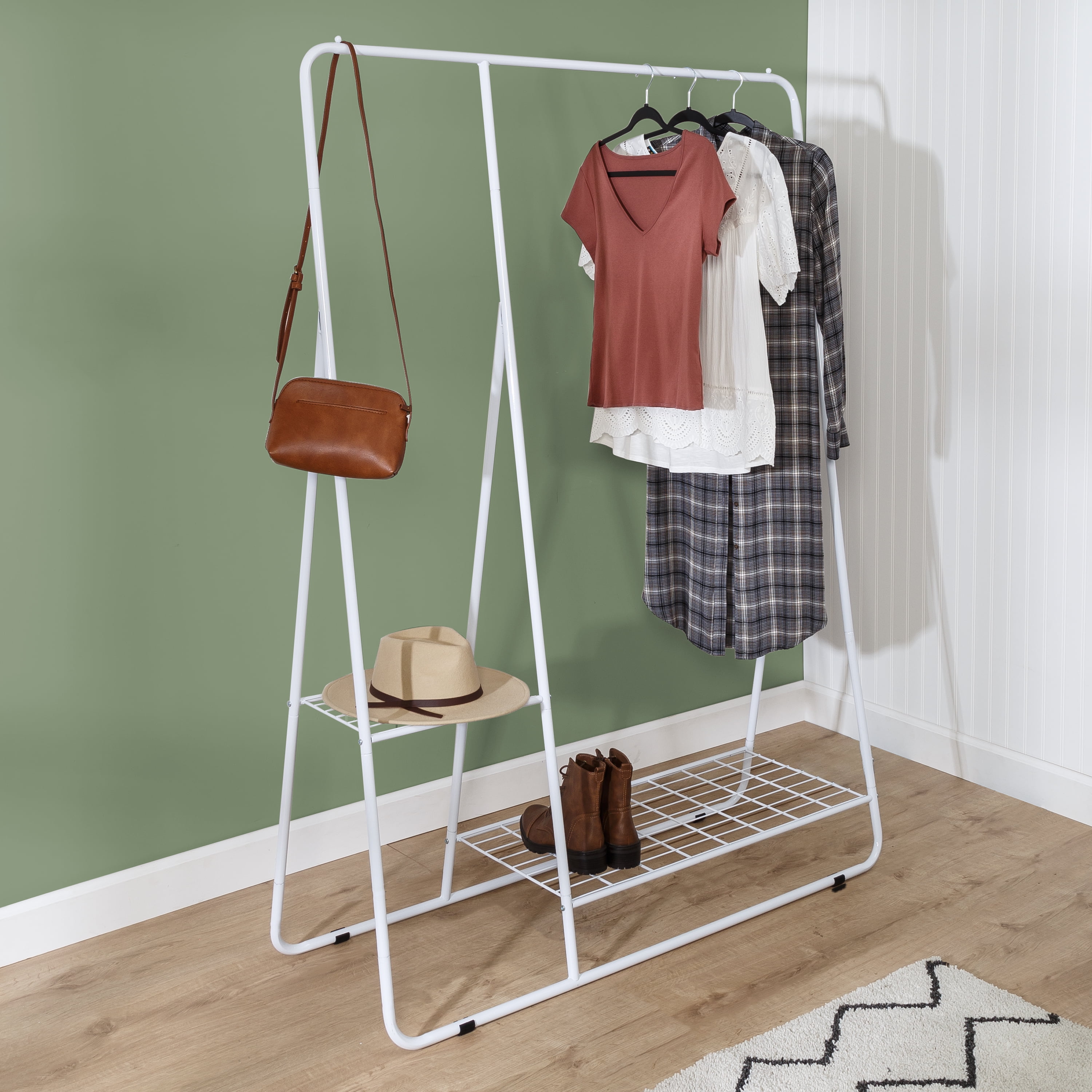 Honey Can Do Freestanding Closet with Rack and Shelves Matte White