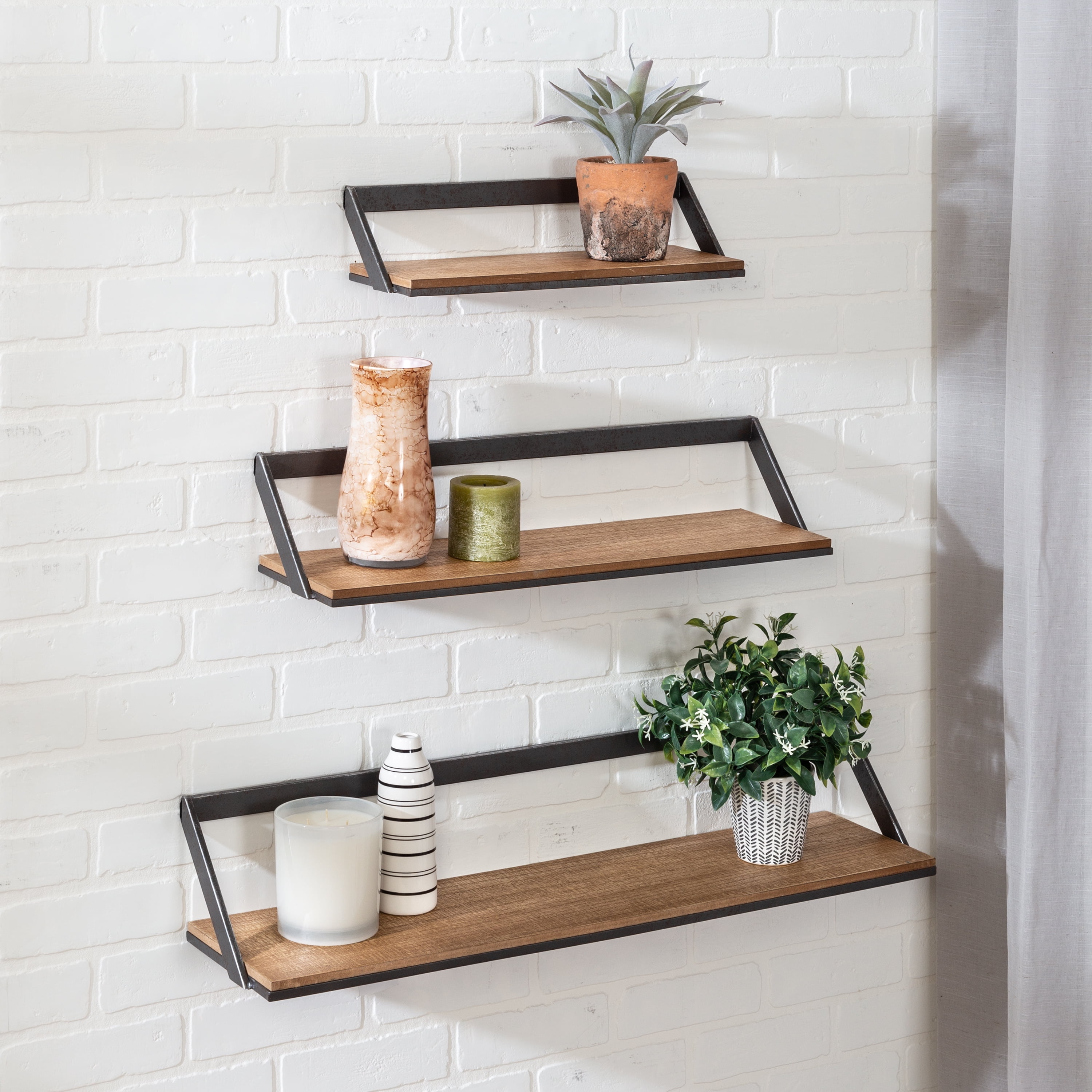Honey Can Do Wood and Metal Set of 3 Floating Decorative Wall Shelves Rustic Black