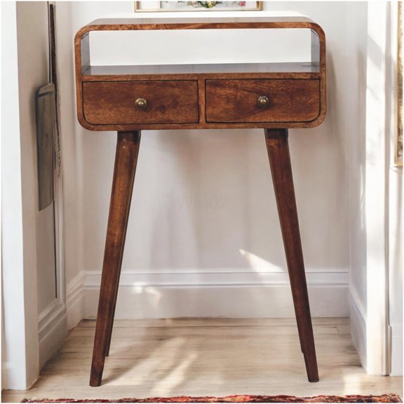 Honey Caramel Solid Wood Console Table with Drawers, Curved Nordic Design, Modern Sofa Table for Living Room Entryway