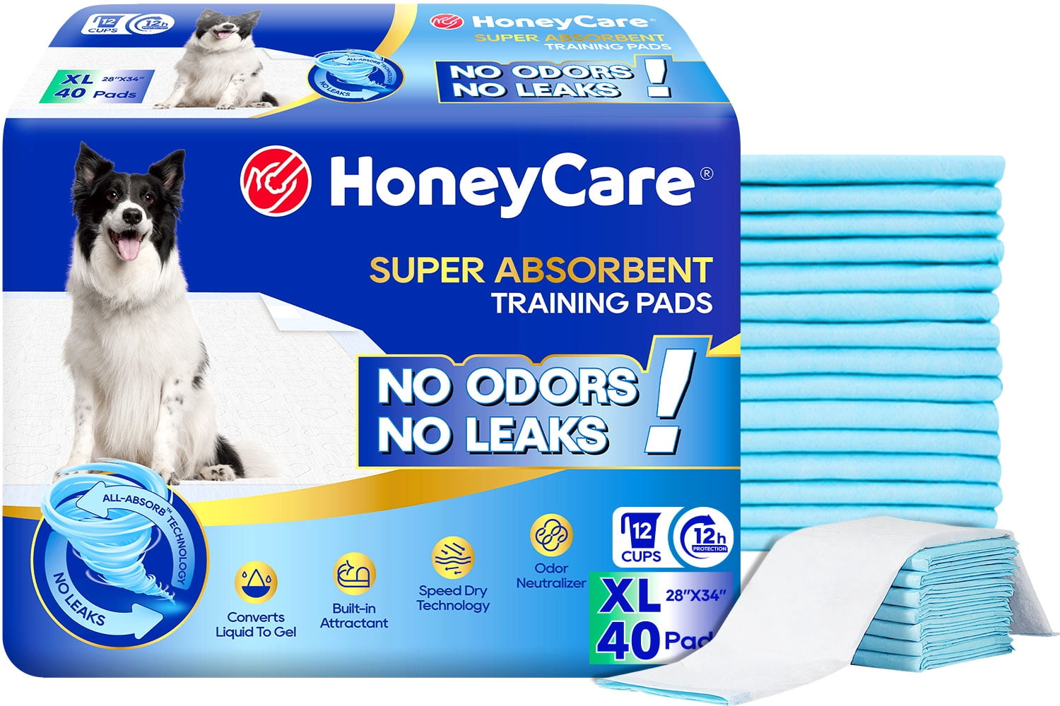 Honey Care Extra Large Dog and Puppy Training Pads, Ultra Absorbent, Blue, 28" x 34", 40 Count