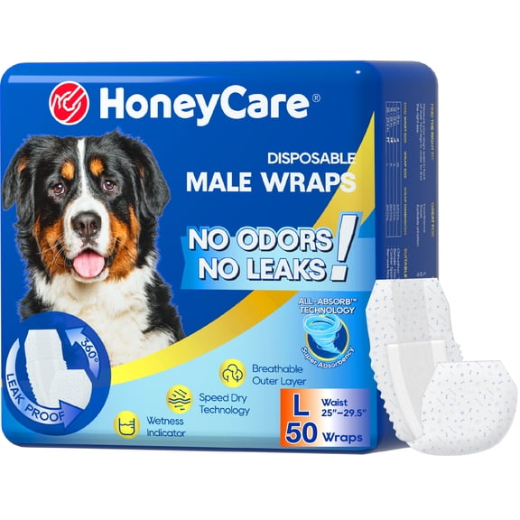 Honey Care All-Absorb A24 Super Absorbent, Breathable Male Dog Wraps, Blue, Large, 32 Count