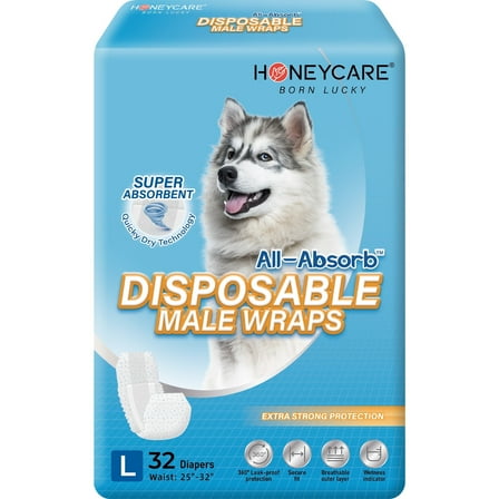 Honey Care All-Absorb A24 Super Absorbent, Breathable Male Dog Wraps, Blue, Large, 32 Count