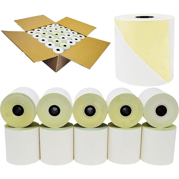 (Honey Comb Core) Two Ply Carbonless Rolls 3" X 90 Feet, White/Yellow (50 Rolls - 1 Case) Kitchen Printer Paper Rolls Required Printer Ribbon Sp700 or ERC 30/34/38