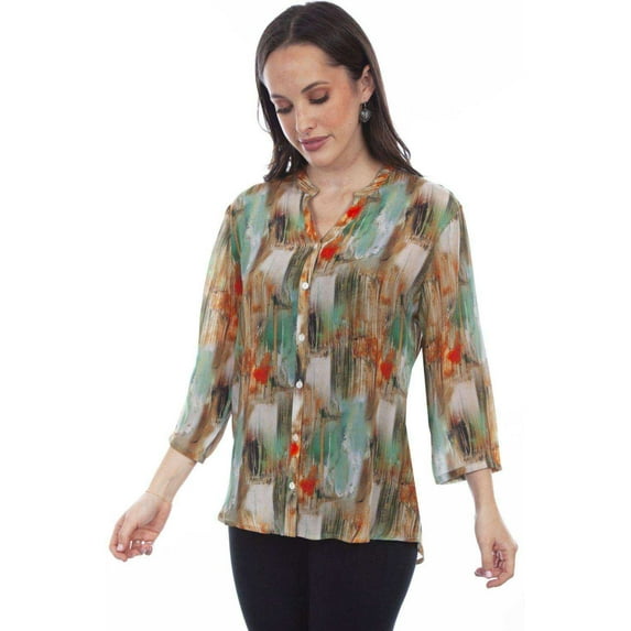 Scully HC804-TUR-S Women Honey Creek Multi Color Print Blouse, Turquoise - Small