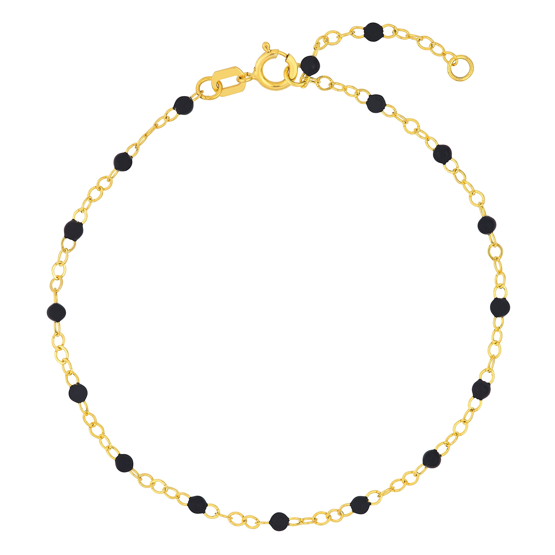 HONEY CRUSH Real 14K Yellow Gold Black Enamel Bead on Piatto Chain Bracelet (1.7mm, 6.5-7.5in)