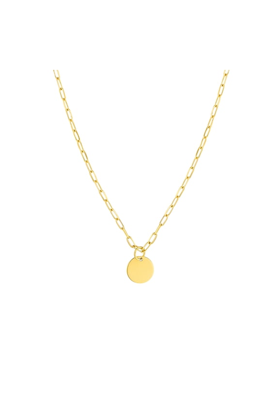 Real 14K Yellow Gold Dangle Disk on Paper Clip Chain Necklace (7.9mm, 18in)