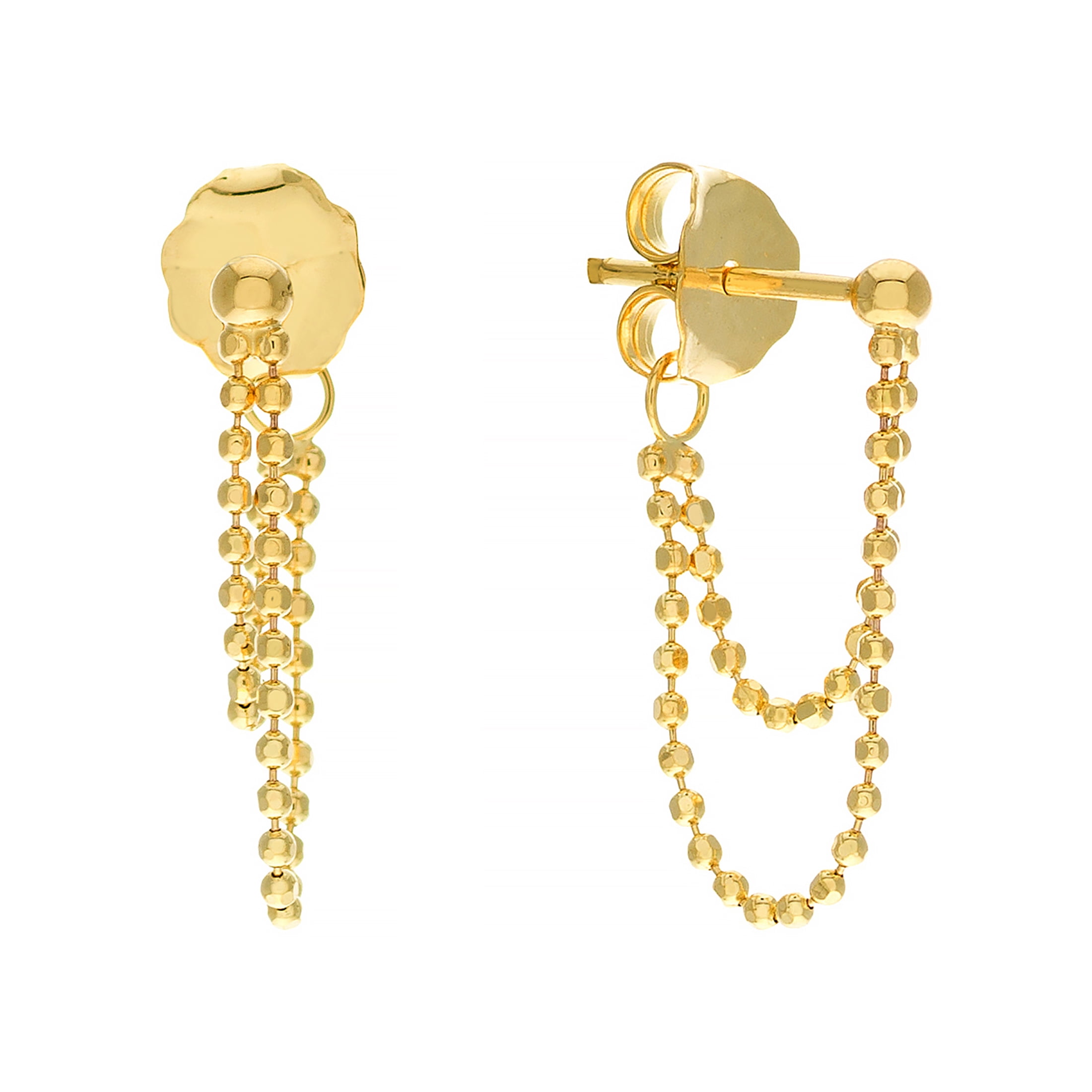 HONEY CRUSH Real 14K Yellow Gold Diamond Cut Double Bead Chain Huggie Earrings (Length 18mm)