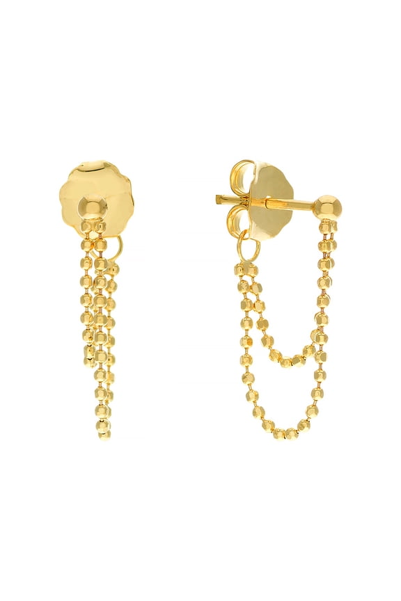 Real 14K Yellow Gold Diamond Cut Double Bead Chain Huggie Earrings (Length 18mm)