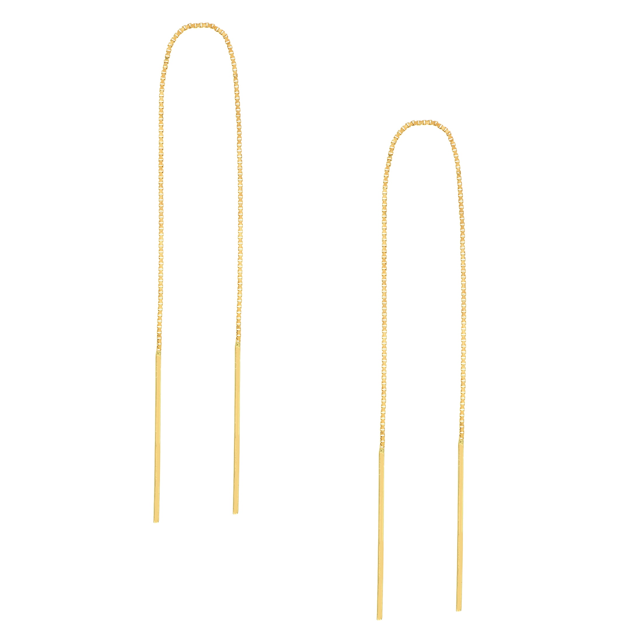 HONEY CRUSH Real 14K Yellow Gold Polished Box Chain Bar Threader Earrings (WxL, 0.6 x 115 mm)