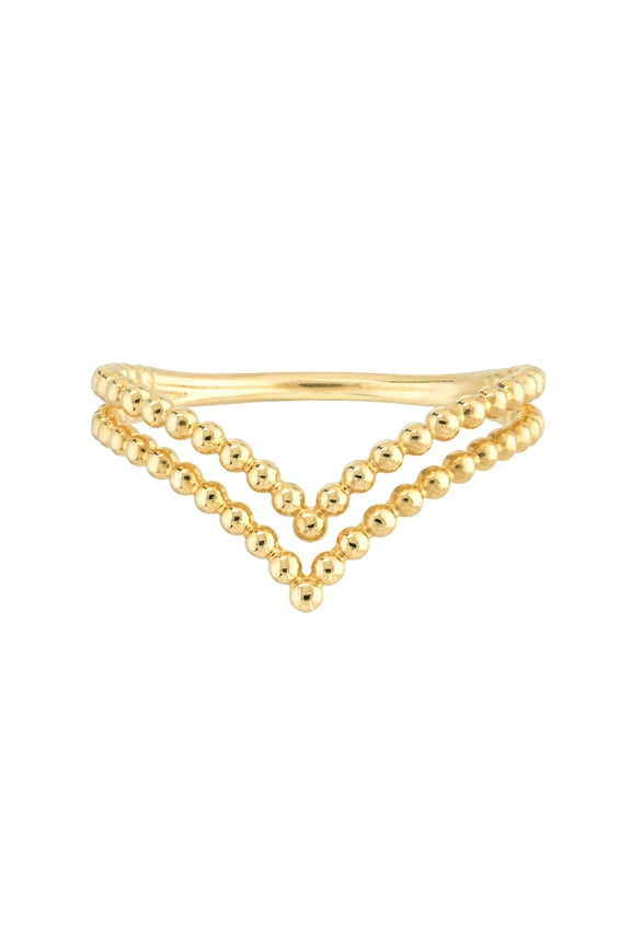 Real 14K Yellow Gold Polished Half-Beaded Double Chevron Ring (9.5x1.1mm, Size 7)