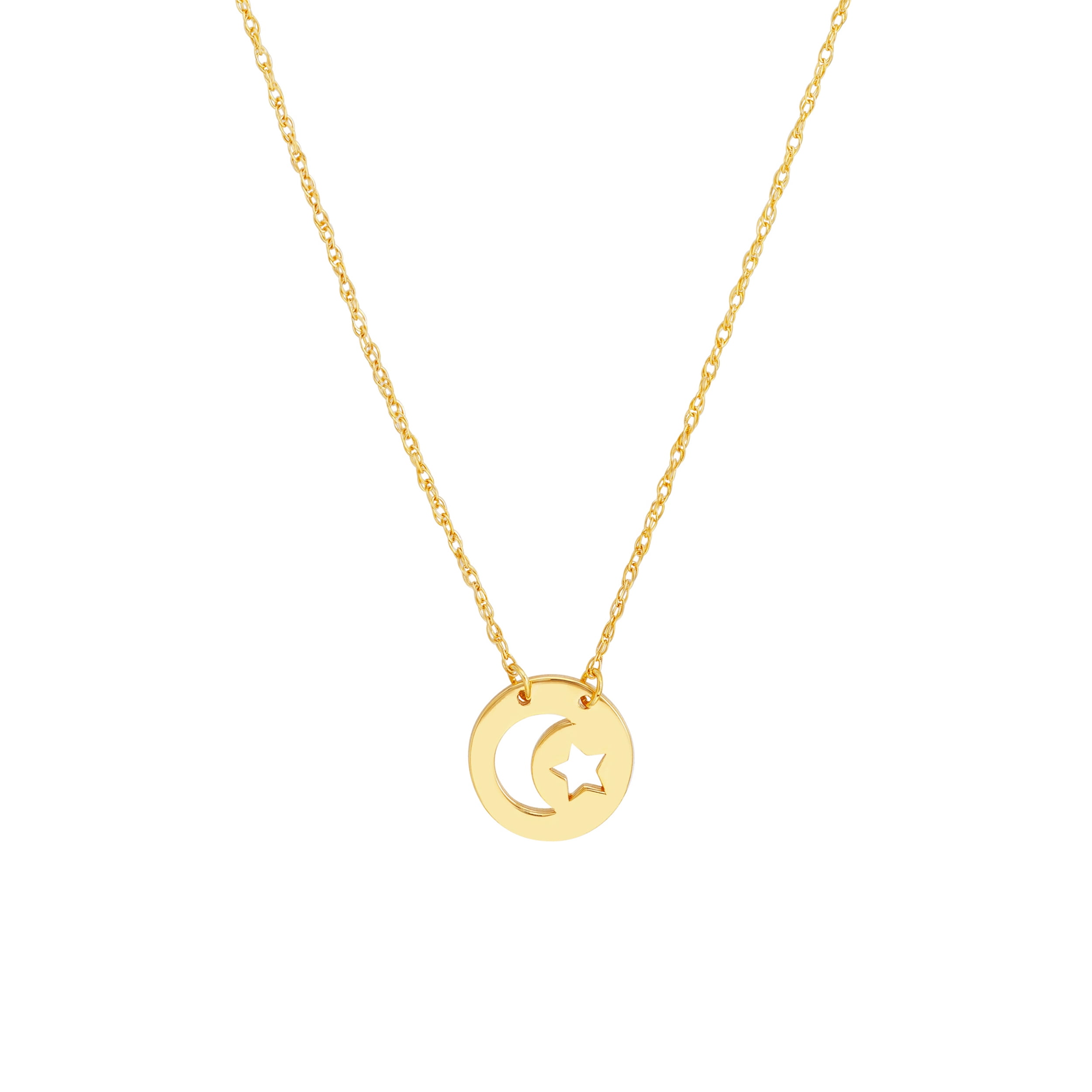 HONEY CRUSH Real 14K Yellow Gold Polished Mini Moon and Star Cutout Disc Necklace (9mm, 16-18in)