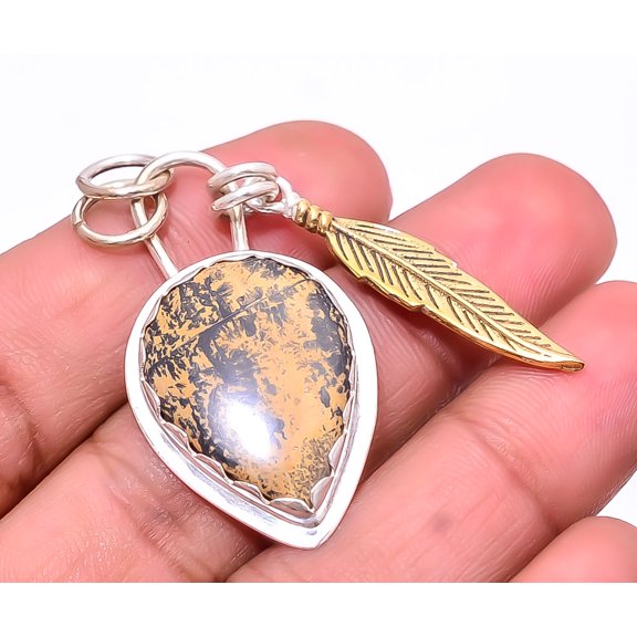 Honey Dendritic Opal -Mexico 925 Sterling Silver Two Tone Designer Pendant 1.95", Brown Honey Dendritic Opal Pendant P_8053_329_71