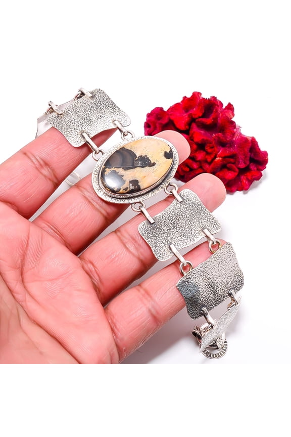 Honey Dendritic Opal - Mexico 925 Sterling Textured Silver Bracelet 8.99" B84354, Christmas Gift