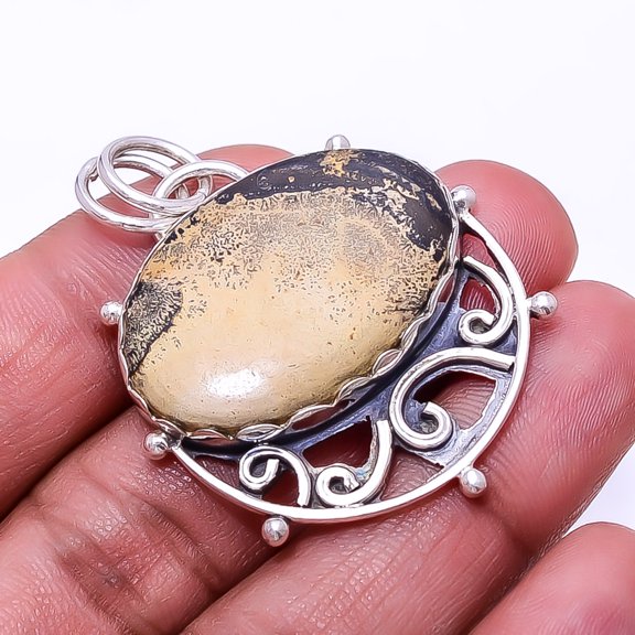 Honey Dendritic Opal -Mexico Designer Handmade 925 Sterling Silver Pendant 1.76", Brown Honey Dendritic Opal Pendant P_8052_316_38