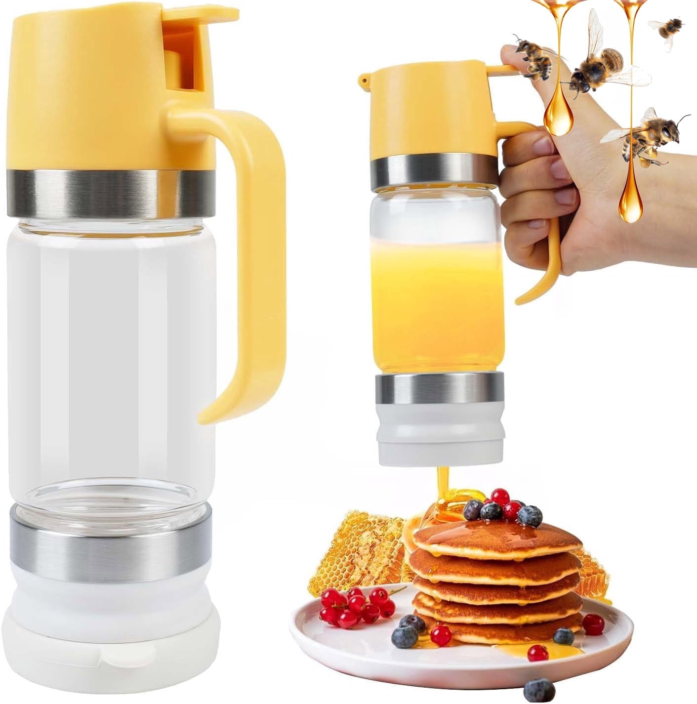 Honey Dispenser 12Oz No Drip with Base 2026 Upgrade, Glass Honey Jar pot with Handle, Syrup Dispenser for Coffee or Tea, Mess Free Honey Dispenser for Honey and Syrup, Honey Container