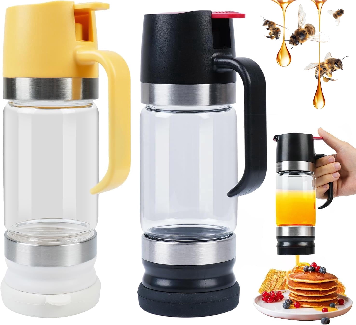 Honey Dispenser 12Oz No Drip with Base 2026 Upgrade, Glass Honey Jar pot with Handle, Syrup Dispenser for Coffee or Tea, Mess Free Honey Dispenser for Honey and Syrup, Honey Container (2PCS)