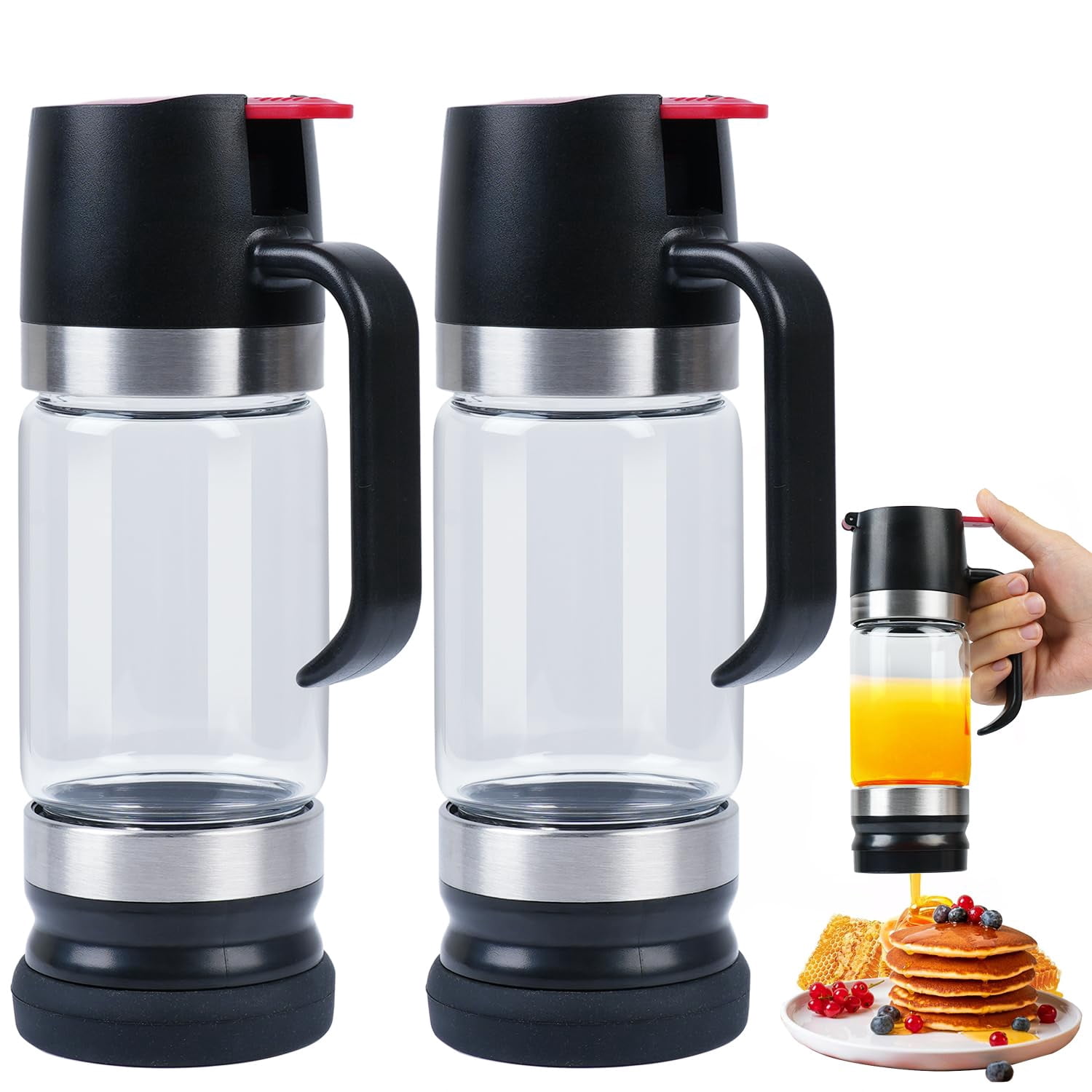 Honey Dispenser 12Oz No Drip with Base 2026 Upgrade, Glass Honey Jar pot with Handle, Syrup Dispenser for Coffee or Tea, Mess Free Honey Dispenser for Honey and Syrup, Honey Container