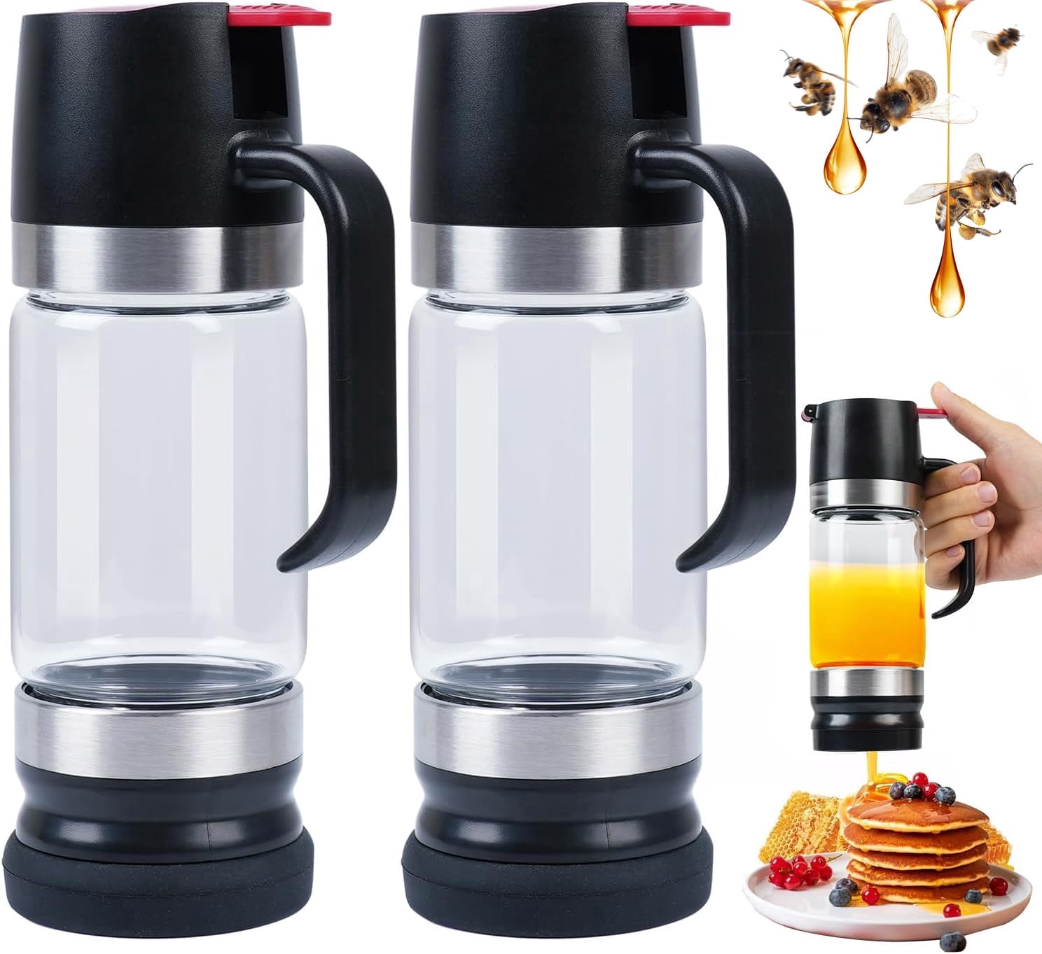 Honey Dispenser 12Oz No Drip with Base 2026 Upgrade, Glass Honey Jar pot with Handle, Syrup Dispenser for Coffee or Tea, Mess Free Honey Dispenser for Honey and Syrup, Honey Container (2PCS)