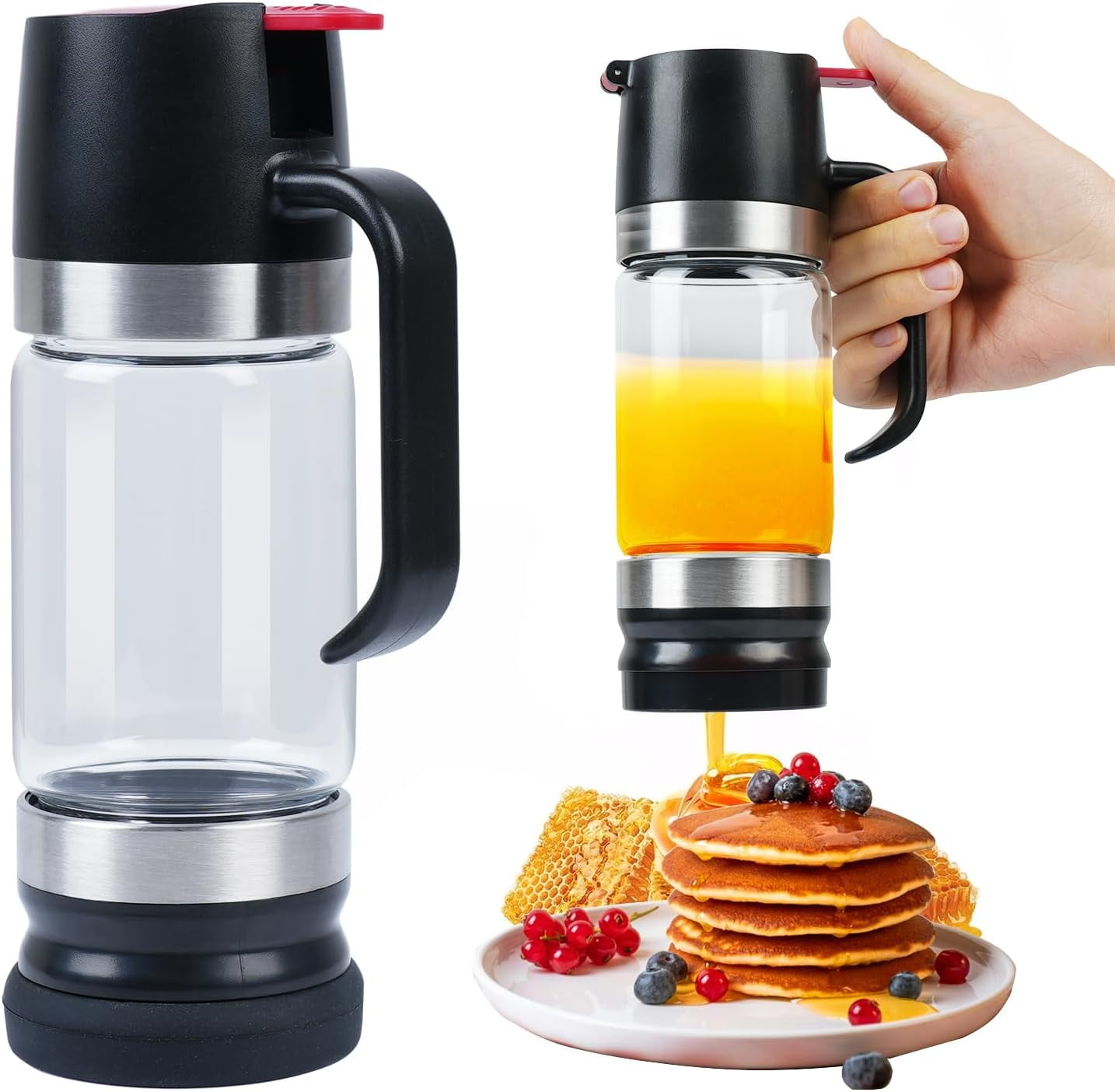 Honey Dispenser 12Oz No Drip with Base 2026 Upgrade, Glass Jar pot Handle, Syrup for Coffee or Tea, Mess Free and Syrup, Container