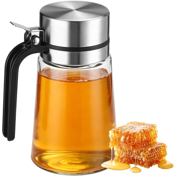 Honey Dispenser, 13.5 oz Glass Oil Cruet with Auto Flip Lid & 4 Labels, No Drip Spout Storage Container for Maple Syrup Olive Oil Vinegar, Practical Accessory for Home Kitchen Cooking and Coffee