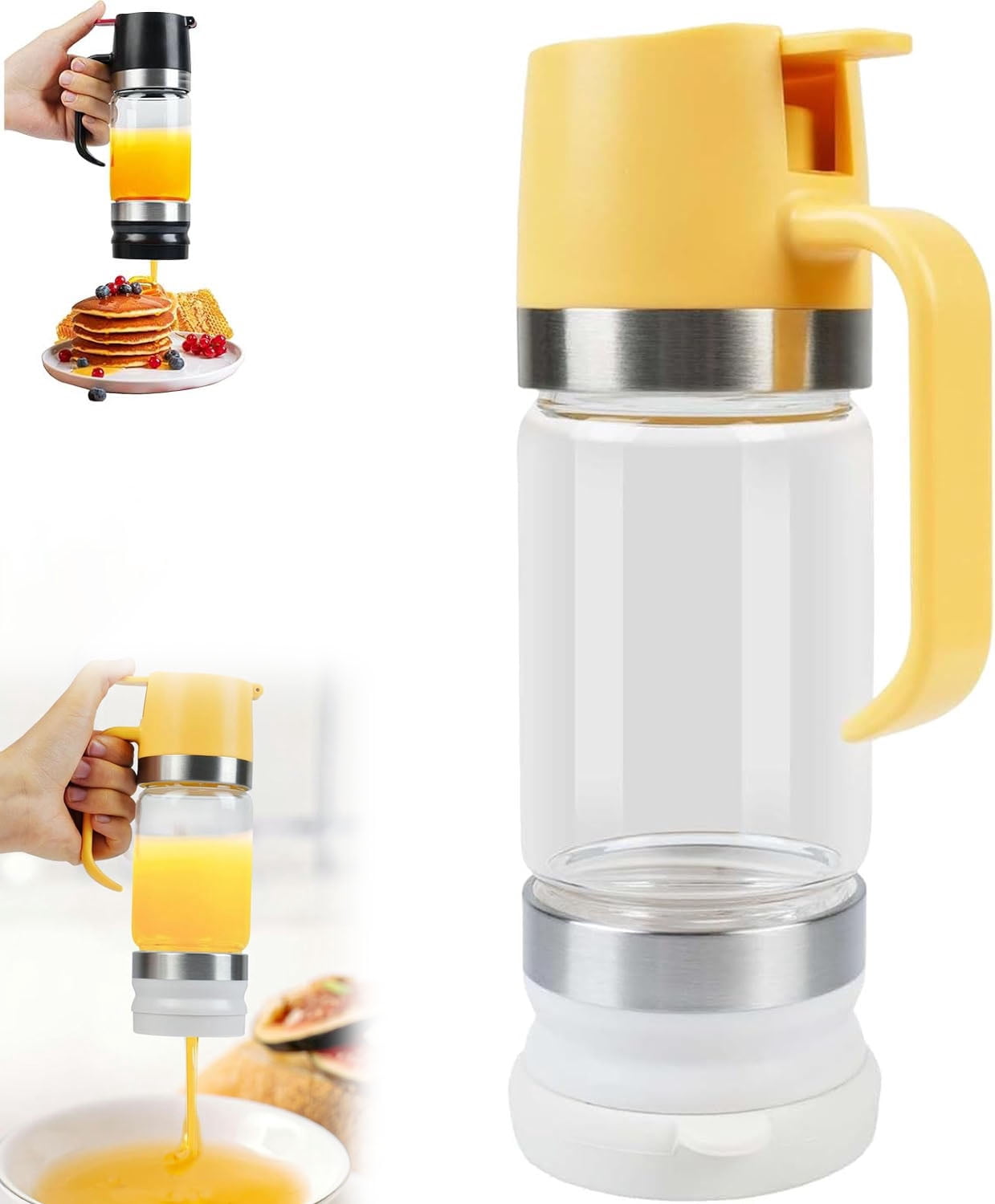 Honey Dispenser No Drip with Base, 10oz Glass Honey Dispenser with Handle, Mess Free Syrup Dispenser, Pressure Design for Quantitative Honey Extraction Syrup and Jam (Yellow)