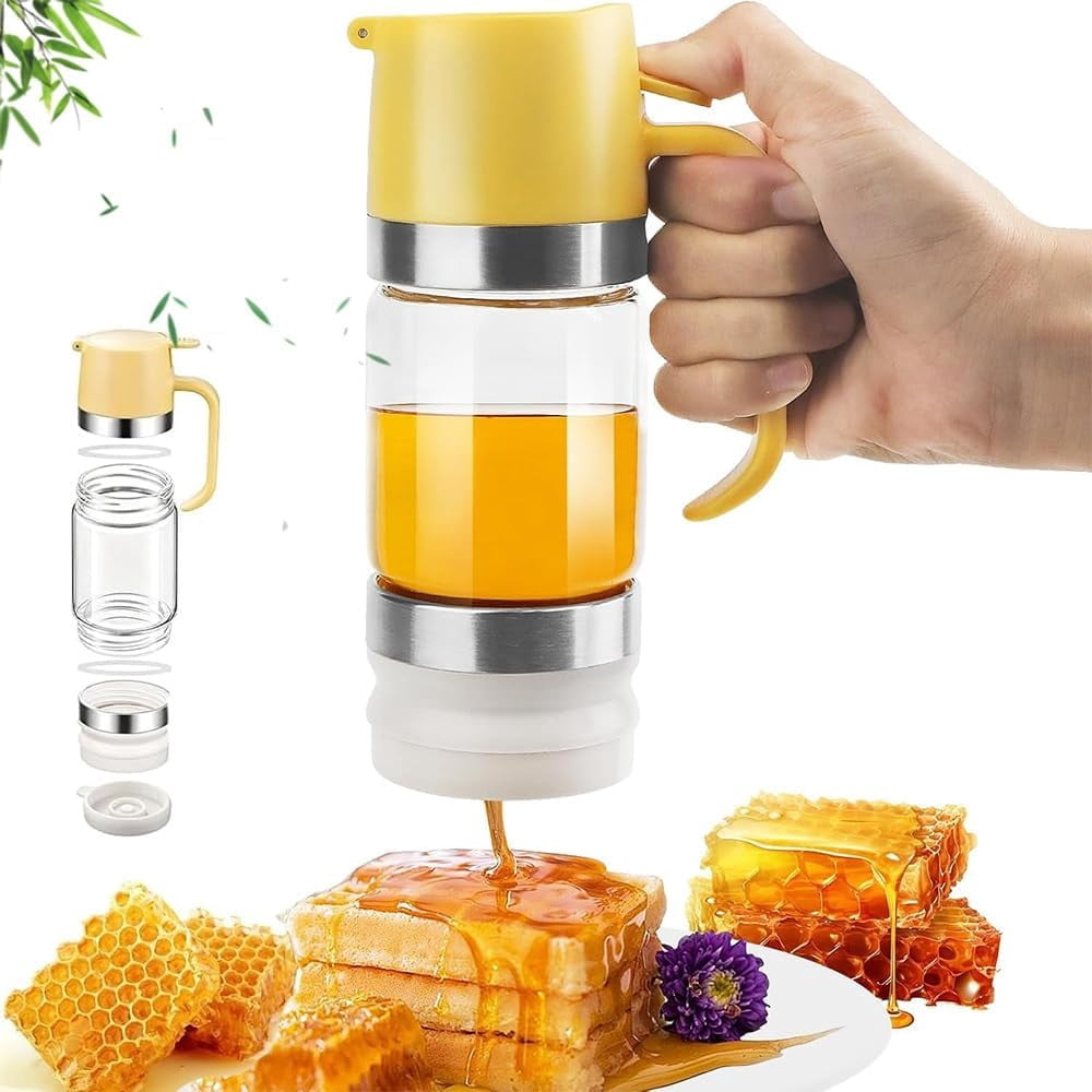 Honey Dispenser No Drip with Base,12 OZ Glass Honey Jar, Refillable No Drip Honey Jar with Handle, Clear Glass Syrup Dispenser for Honey, Maple Syrup, Coffee, Tea & Pancakes(Yellow,300ml)