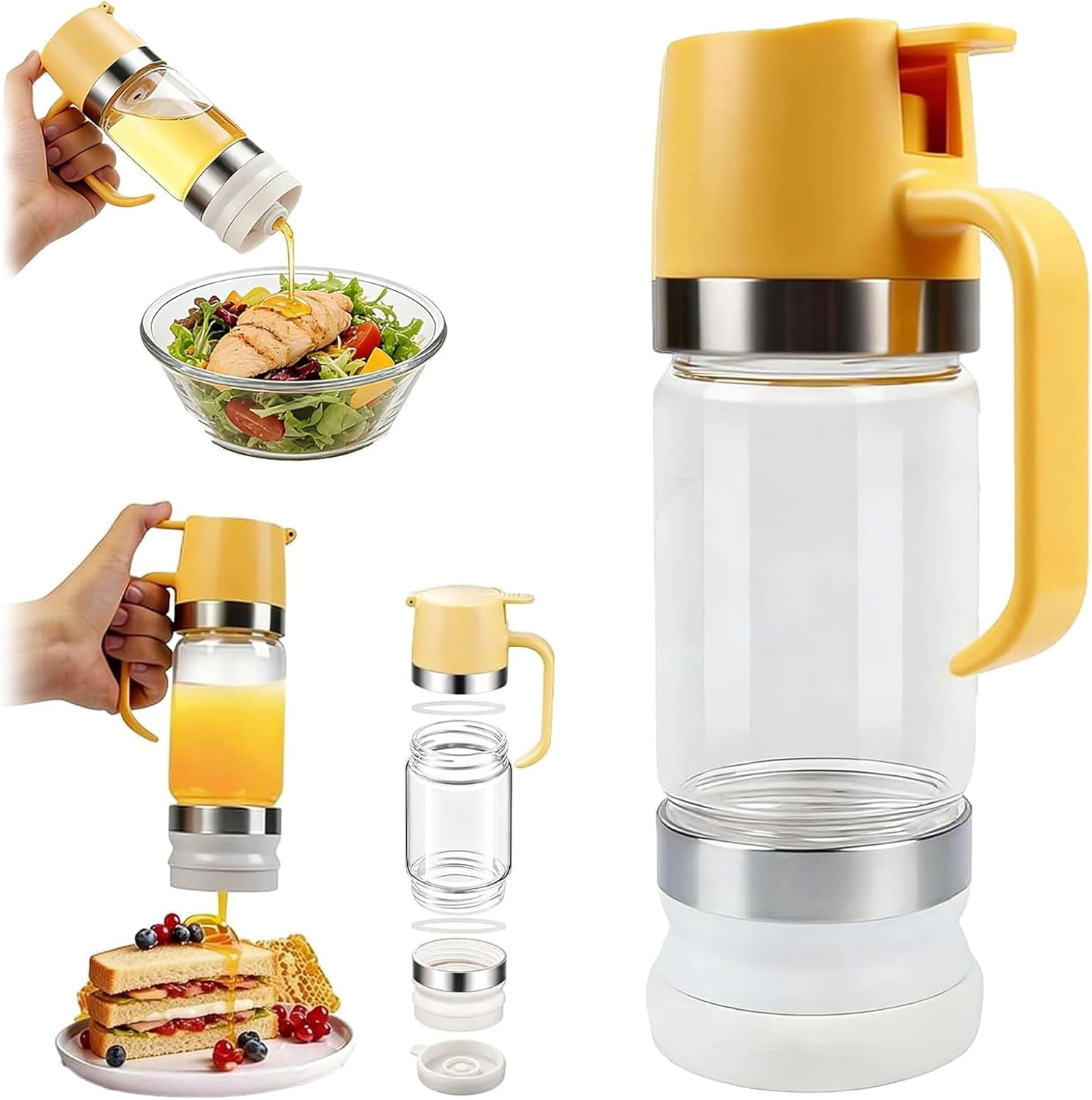 Honey Dispenser No Drip with Base, 12oz 2026 Upgraded Glass Honey Dispenser, Drip-Free Maple Syrup Container with Handle, Mess-Free Pouring, Easy Clean Bottle for Coffee, Tea & Salad (Yellow)