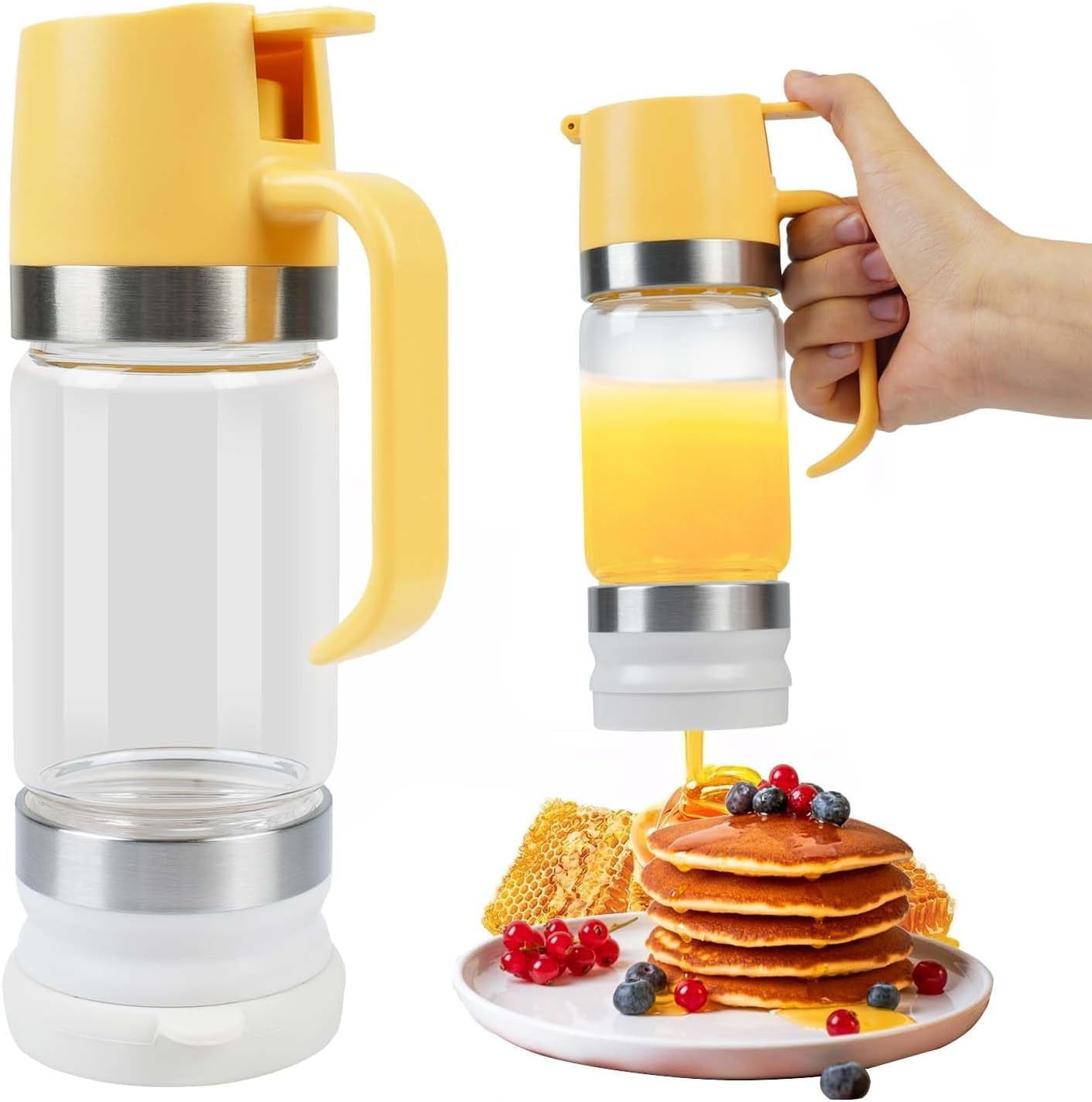 Honey Dispenser No Drip with Base 2026 Upgrade, Glass Honey Jar pot with Handle, Syrup Dispenser for Coffee or Tea, Mess Free Honey Dispenser for Honey and Syrup, Honey Container(Yellow)