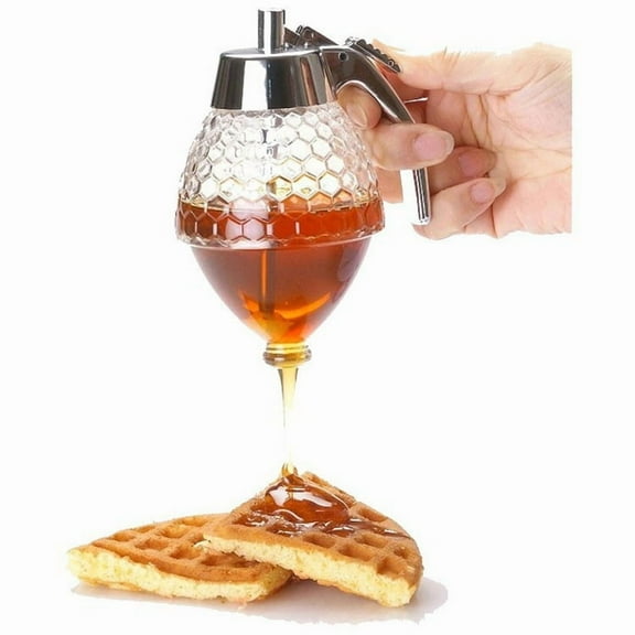 Honey Dispenser No Drip Glass 8 oz, Maple Syrup Dispenser, Honey Jar with Stand, Beautiful Honey Comb Shaped Honey Pot, Perfect Bee Decoration for Home Kitchen