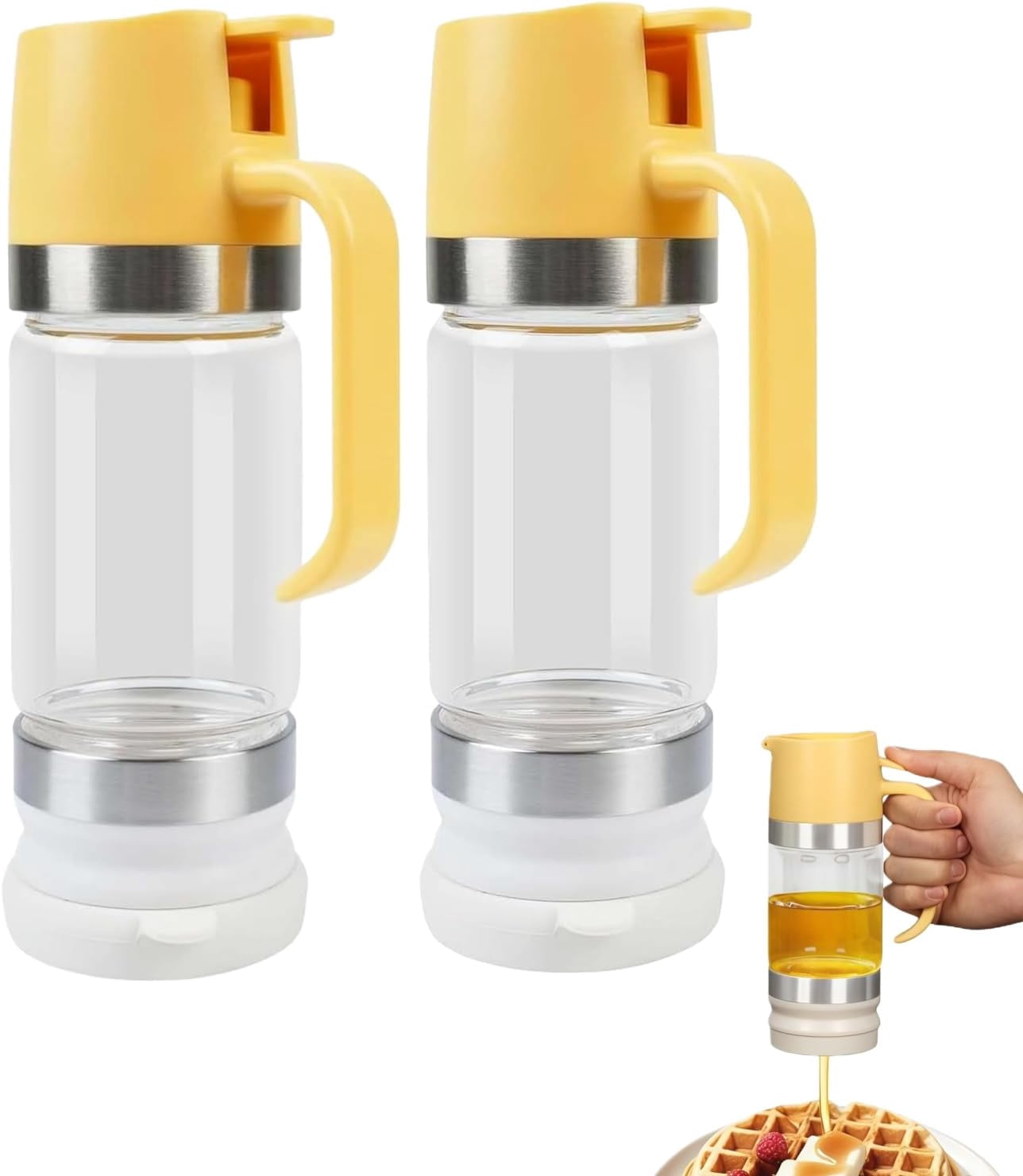 Honey Dispenser No Drip Glass with Stand,Honey Dispenser Pot,12oz Glass Honey Jar Pot with Handle for Honey, Maple Syrup, Coffee, Tea & Pancakes (2pcs)