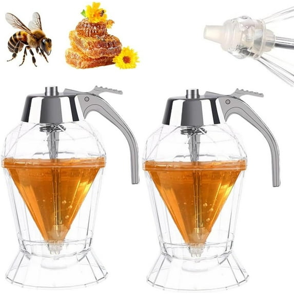 Honey Dispenser No Drip,No Drip Honey Dispenser Glass,Maple Syrup Dispenser, Honey Jar With Stand Honeycomb Shaped Honey Holder And Syrup Dispenser, Glass Honey Dispenser,Elegant Honeycomb Design,2PCS